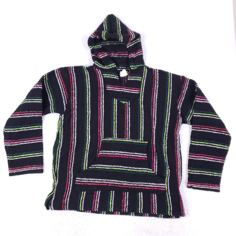 Canyon‎ Creek Mens Baja Hoodie Black Neon Pink Green Striped Drug Rug Large
